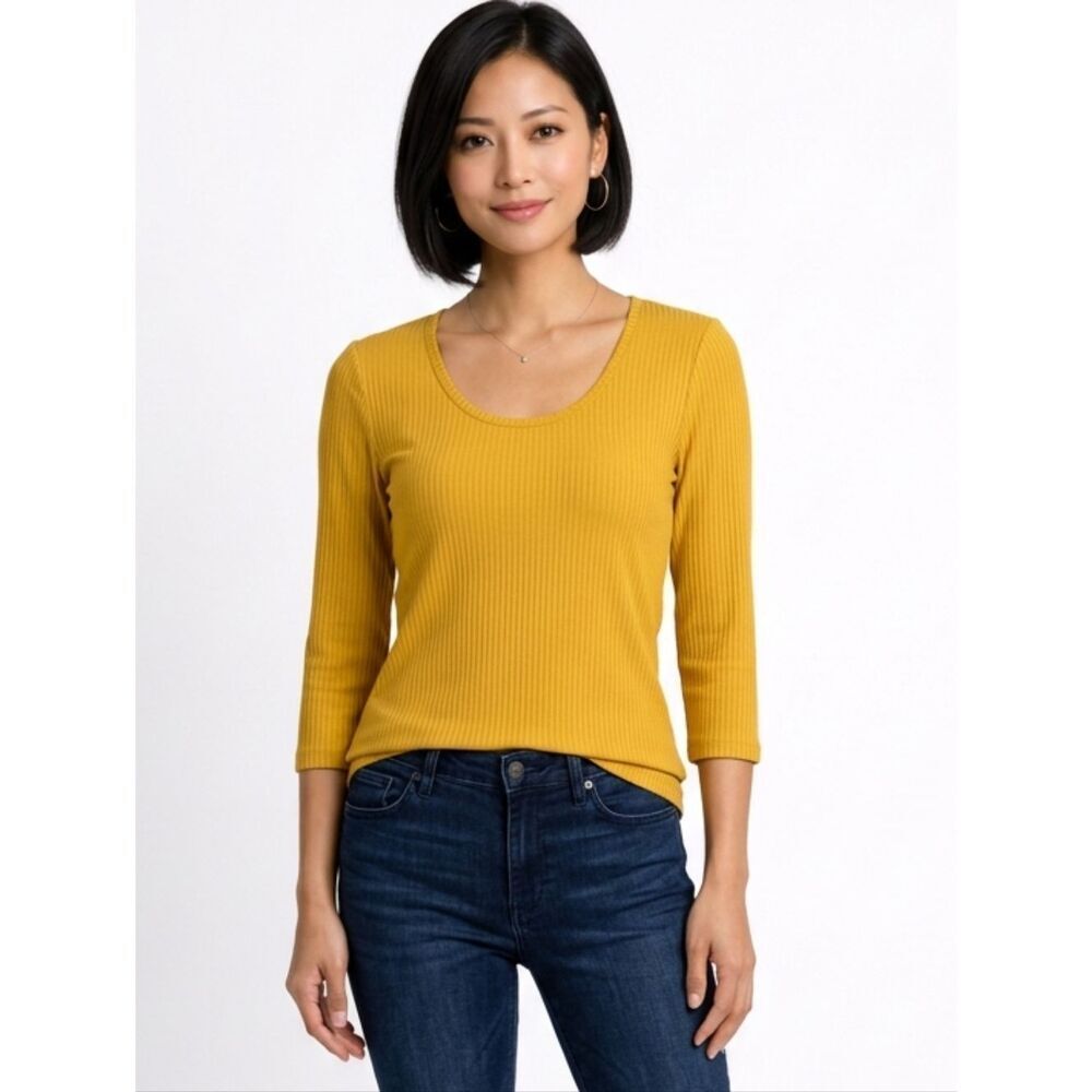 Rachel Zoe LA NY Mustard Yellow Ribbed 3/4 Sleeve Scoop Neck Top Size M